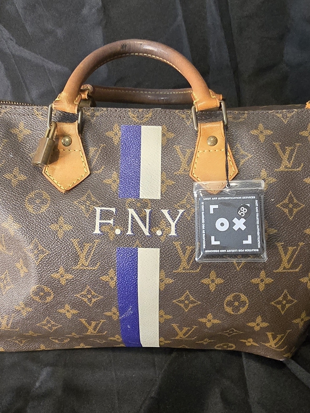 Louis Vuitton Monogram Speedy with Blue & Cream Stripe and F.N.Y. Initials